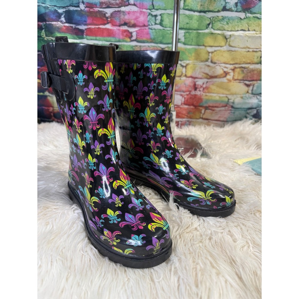 Capelli New York Fleur De Lis Rain Boots Neon Black Rubber Mid Calf Womens 6 - Picture 2 of 4